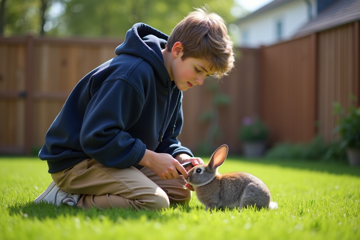 Adolescent en sweat clipant les ongles de son lapin dans le jardin