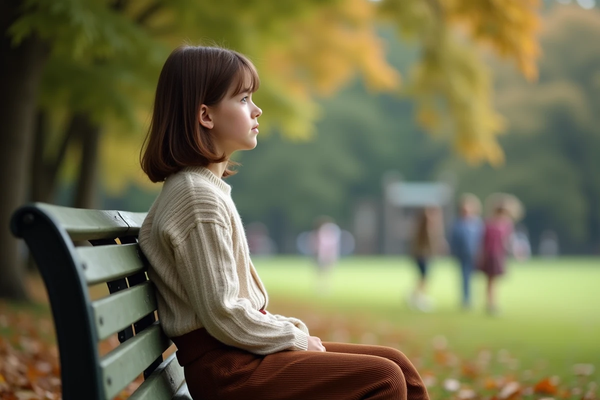 Adolescente assise sur un banc dans un parc automnal