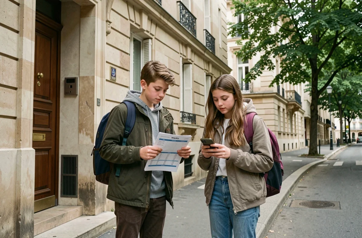 Adolescents en garde alternée avec planning scolaire devant un immeuble résidentiel