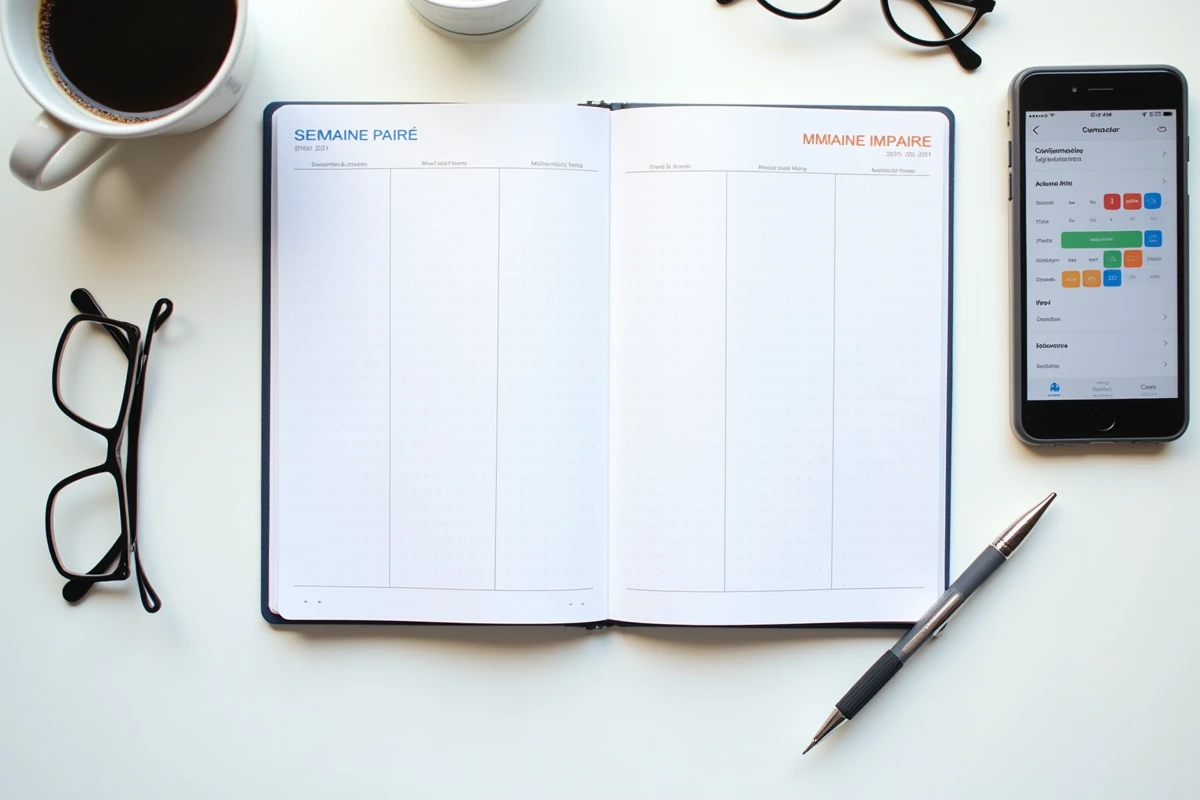 Vue de dessus d'un agenda papier semaine paire impaire avec smartphone affichant Google Agenda synchronisé sur bureau minimaliste