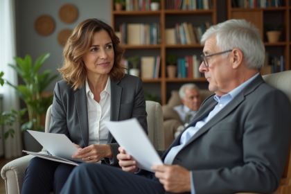 Femme d'âge moyen discutant avec une aide à domicile dans un salon chaleureux