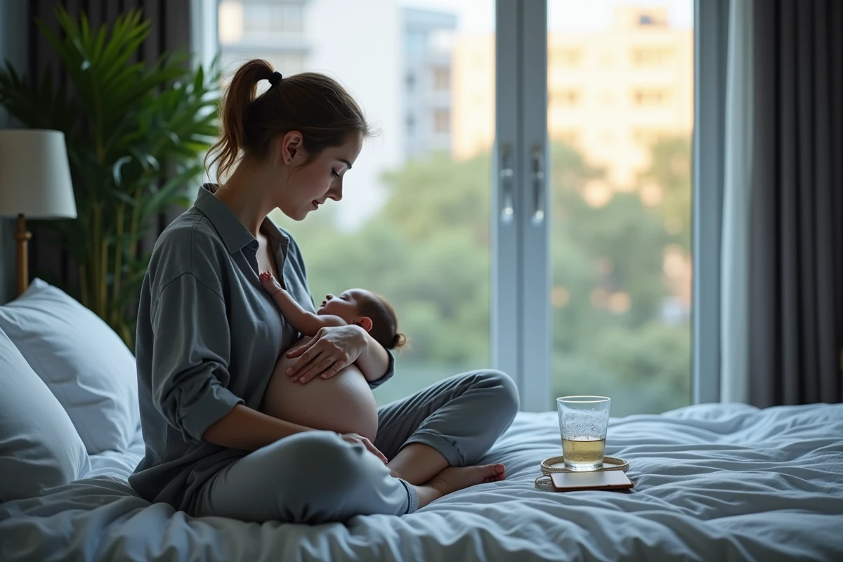 Mère allaitant son bébé la nuit dans une chambre lumineuse, illustrant les tétées fréquentes lors d'un pic de croissance