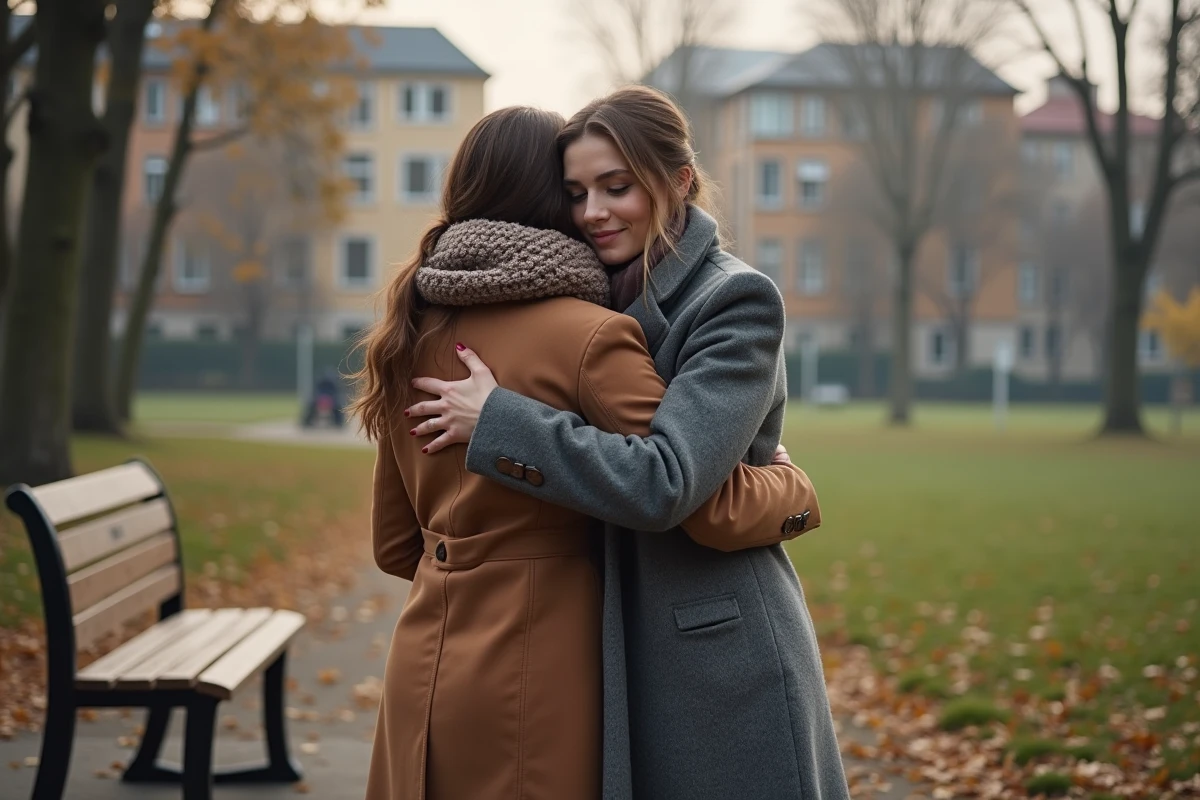 Deux amies se font un câlin dans un parc en automne