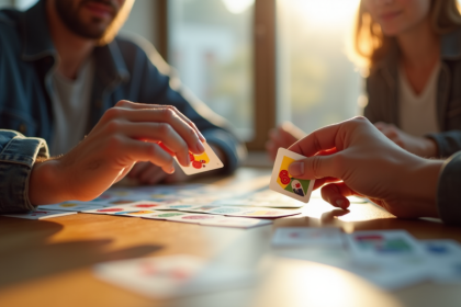 Amis jouant à un jeu de cartes moderne autour d'une table en bois