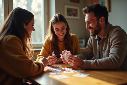 Trois amis jouent au rummy autour d'une table en intérieur