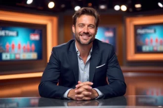 Animateur de télévision souriant sur un plateau de jeu télévisé, symbolisant la notoriété acquise grâce aux réseaux sociaux et à la curiosité du public autour de son histoire familiale
