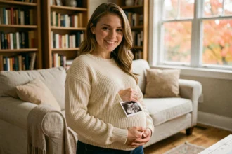 Femme enceinte tenant une échographie et souriant dans un salon cosy pour annoncer sa grossesse en vidéo à sa famille