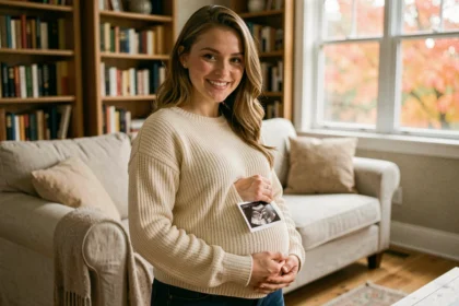 Femme enceinte tenant une échographie et souriant dans un salon cosy pour annoncer sa grossesse en vidéo à sa famille
