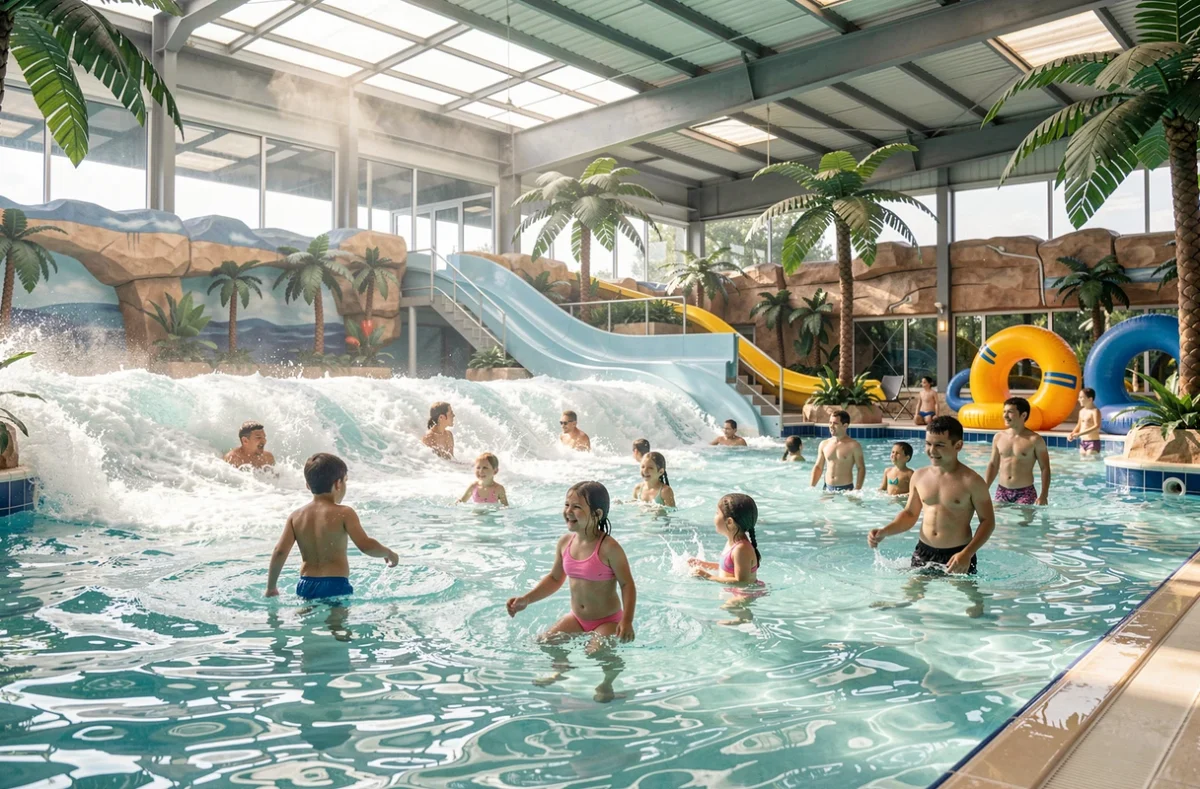 La piscine à vagues de l'Aquascope à Chasseneuil-du-Poitou avec des familles profitant des attractions aquatiques intérieures et extérieures