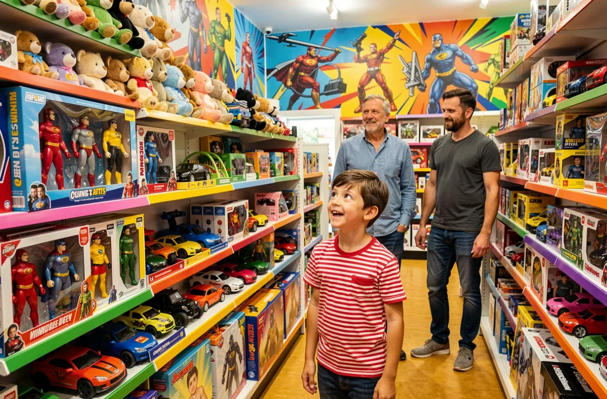 Boutique Arthur mon Héros à Marseille avec des rayons de jouets colorés et un enfant admirant des figurines de super-héros
