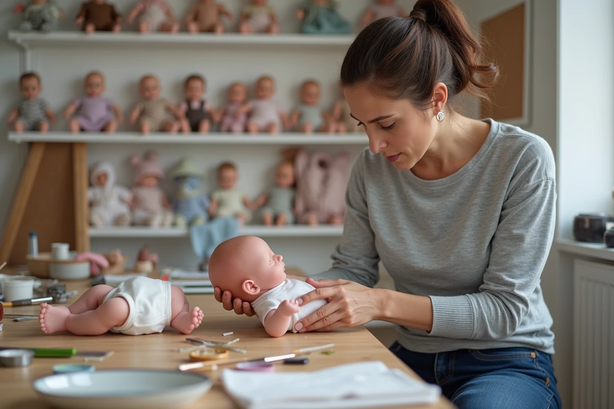 Femme artisane travaillant sur un bébé reborne en silicone dans un atelier fait maison avec collection de poupées reborn exposées