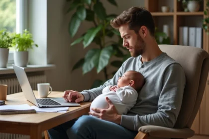 Auto-entrepreneur tenant son nouveau-né dans les bras tout en consultant des documents administratifs sur son bureau à domicile