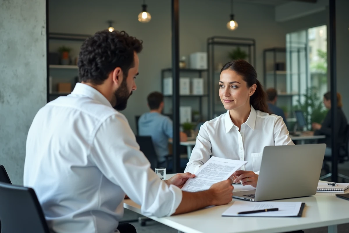 Autoentrepreneur discutant de ses droits aux indemnités de congé paternité avec une conseillère dans un espace de coworking