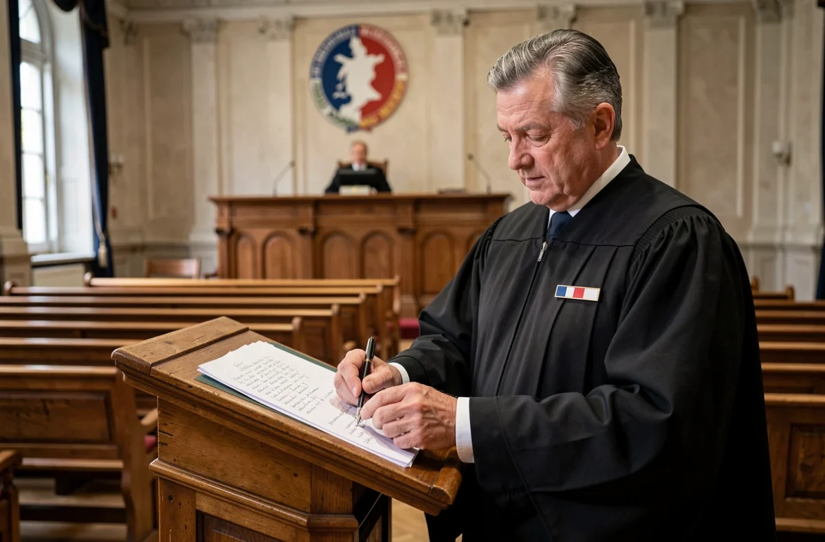 Avocat en robe consultant ses notes à la barre lors d'une audience au tribunal des affaires familiales en France