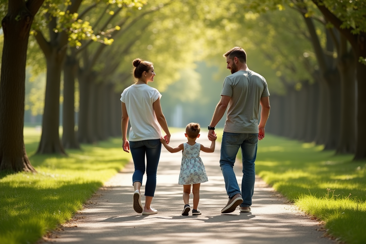 Parents et enfant main dans la main dans un parc ensoleille
