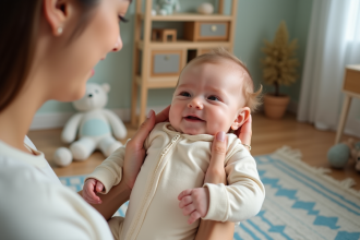 Bébé fille de six mois dans un pyjama crème dans un berceau