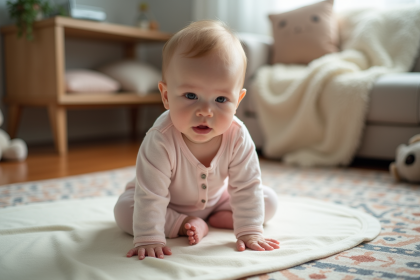 Bebe fille assise sur tapis de jeu dans un salon moderne