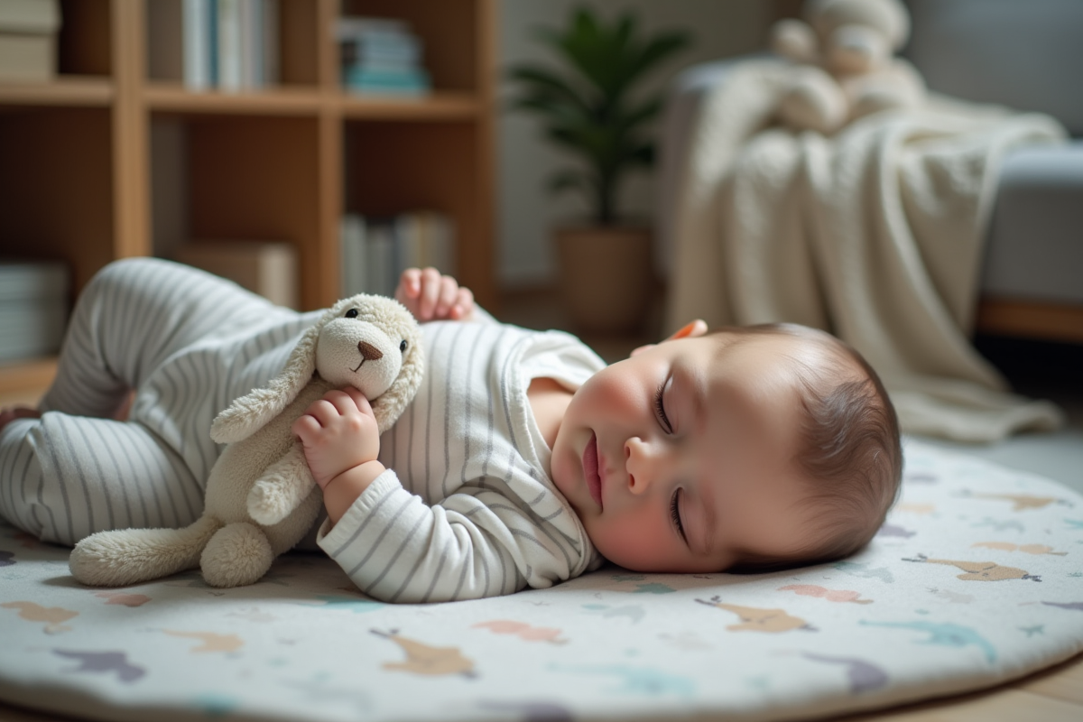 Bébé garçon de huit mois avec peluche sur tapis de jeu