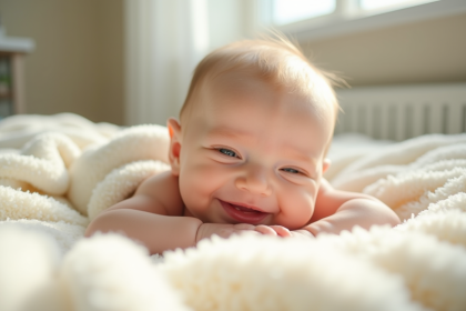 Bébé nouveau-né souriant sur une couverture crème