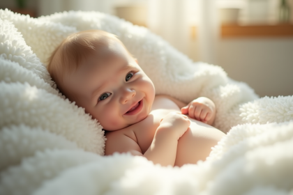 Bébé souriant allongé sur une couverture blanche