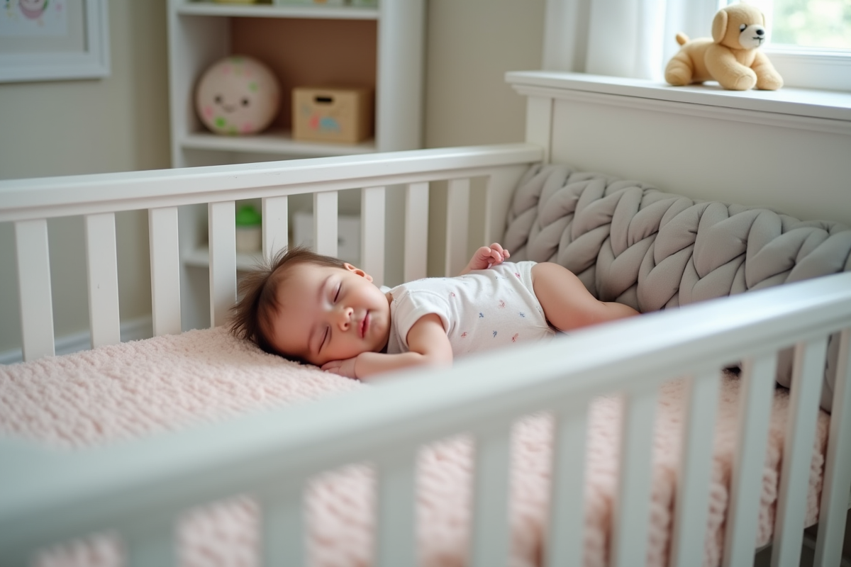 Bébé fille dans un lit en bois blanc avec un coussin tressé