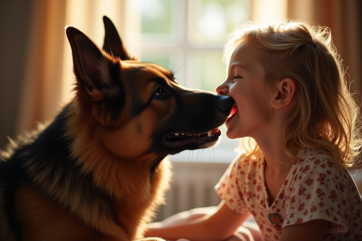 Chien berger belge léchant le visage d