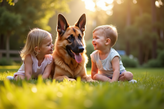 Chien berger allemand jouant avec des enfants dans un jardin ensoleille