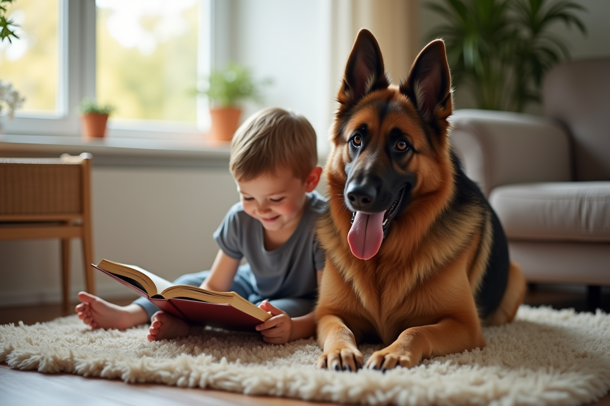 Chien berger allemand assis avec un enfant lisant un livre à l intérieur