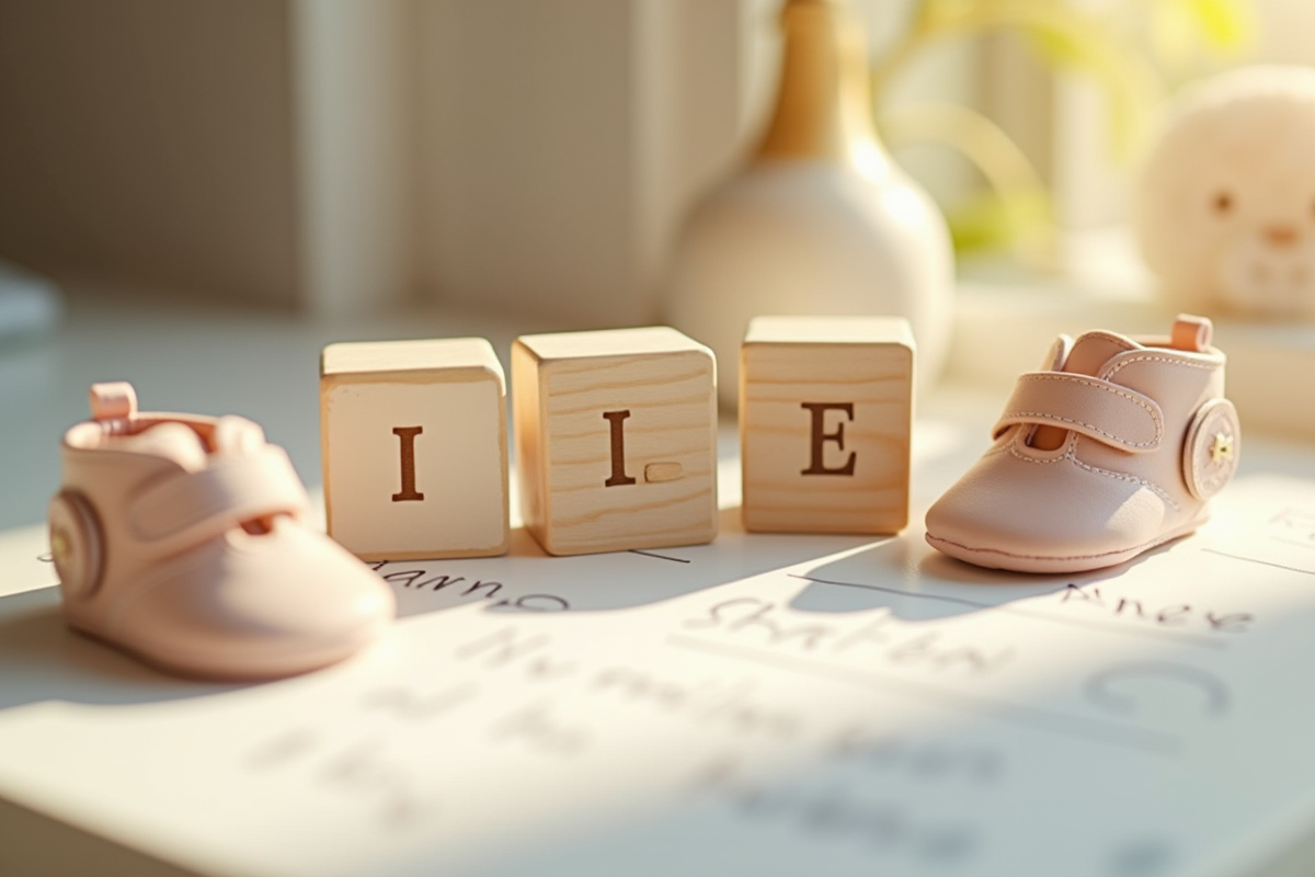 Blocs en bois avec le mot I et chaussures bébé