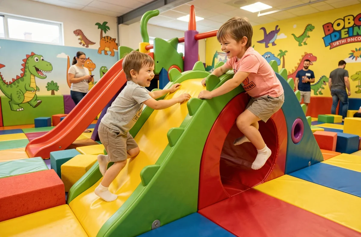Deux jeunes enfants jouant sur une structure gonflable à thème dinosaure dans l'espace de jeux indoor Bobo le Dino en Moselle