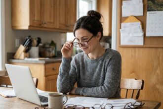 Femme planifiant le budget optique de fin d'année avec plusieurs montures de lunettes sur une table de cuisine