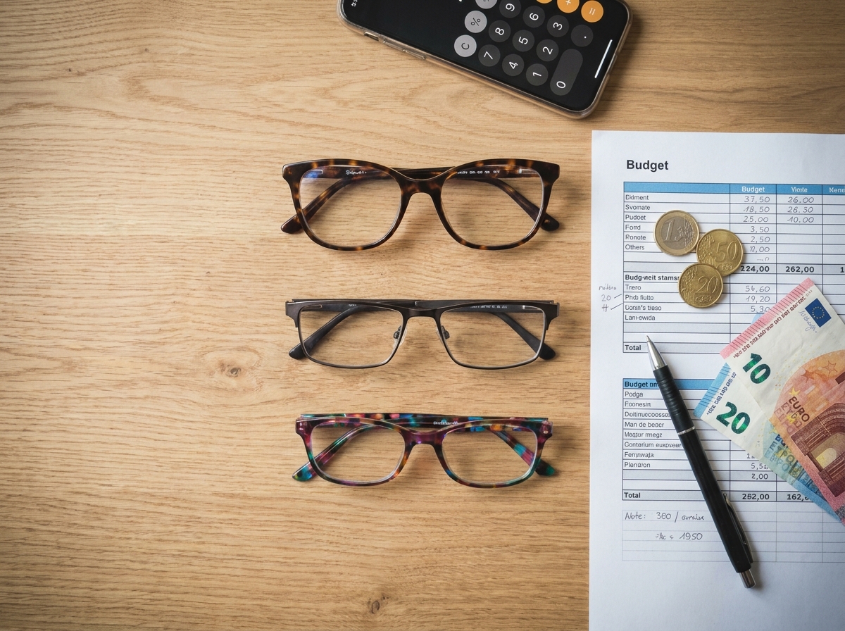 Vue aérienne d'un budget optique familial avec montures de lunettes, billets et feuille de calcul sur un bureau en bois