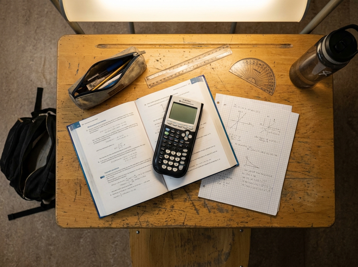 Vue de dessus d'une calculatrice graphique posée sur des livres scolaires de lycée avec fournitures de mathématiques