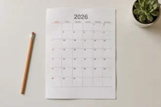Calendrier 2026 format A4 imprimé avec numéros de semaines paires et impaires clairement lisibles posé sur un bureau blanc