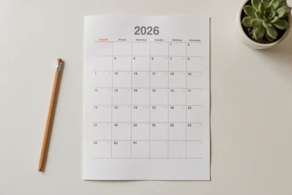 Calendrier 2026 format A4 imprimé avec numéros de semaines paires et impaires clairement lisibles posé sur un bureau blanc