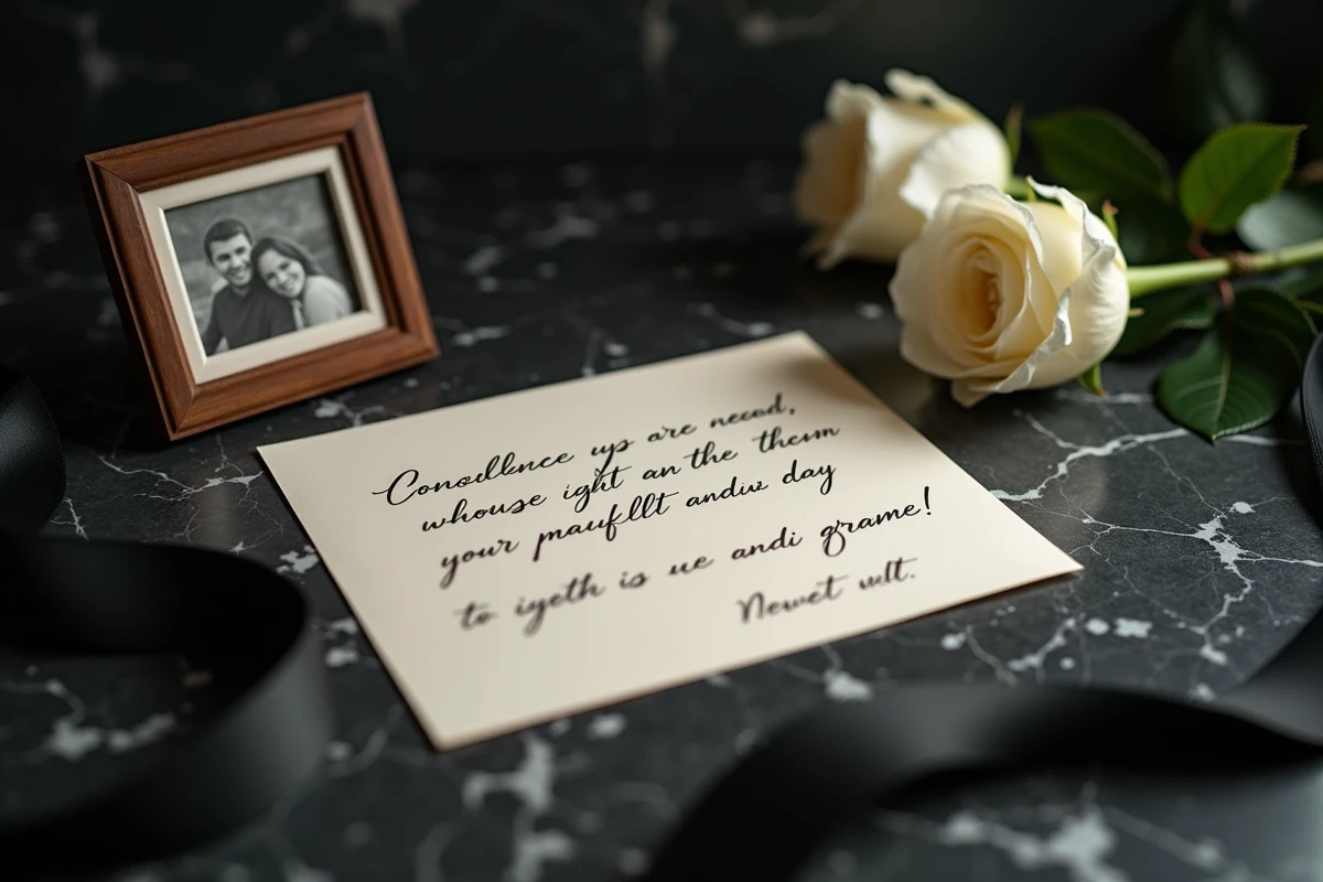 Carte de condoléances manuscrite posée sur du marbre noir avec une rose blanche et un ruban noir en hommage à une tante décédée