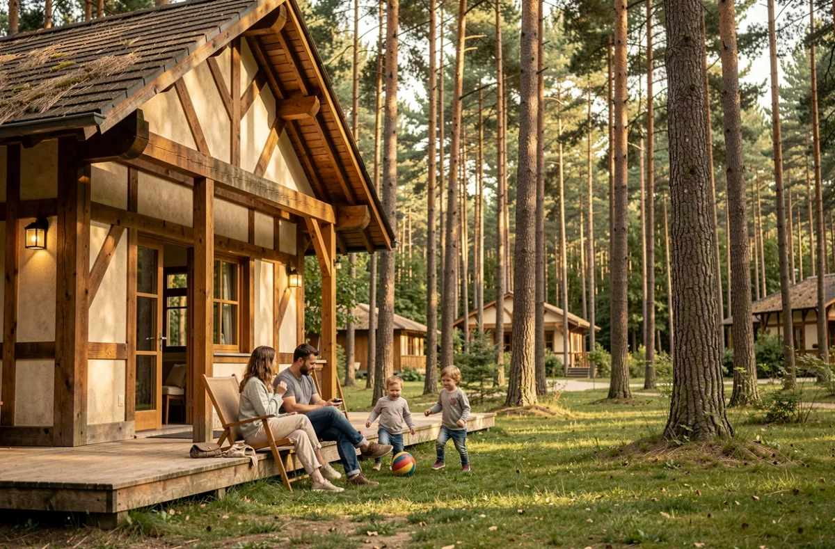 Famille se relaxant devant un cottage en bois au Center Parcs Domaine des Trois Forêts en Moselle, entouré de forêts de pins