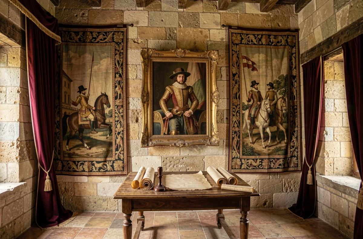 Intérieur d'un château Renaissance avec portrait d'un noble du XVIe siècle évoquant la lignée d'Henri IV