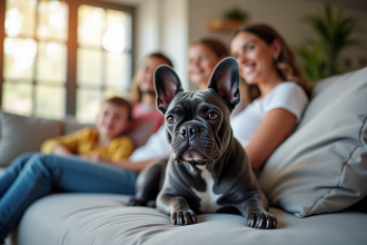 Bulldog français bleu avec famille dans un salon lumineux