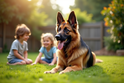 Chien berger belge avec enfants dans le jardin ensoleille