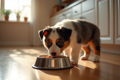 Chiot Australian Shepherd mange dans un bol en acier inoxydable sur un sol en bois