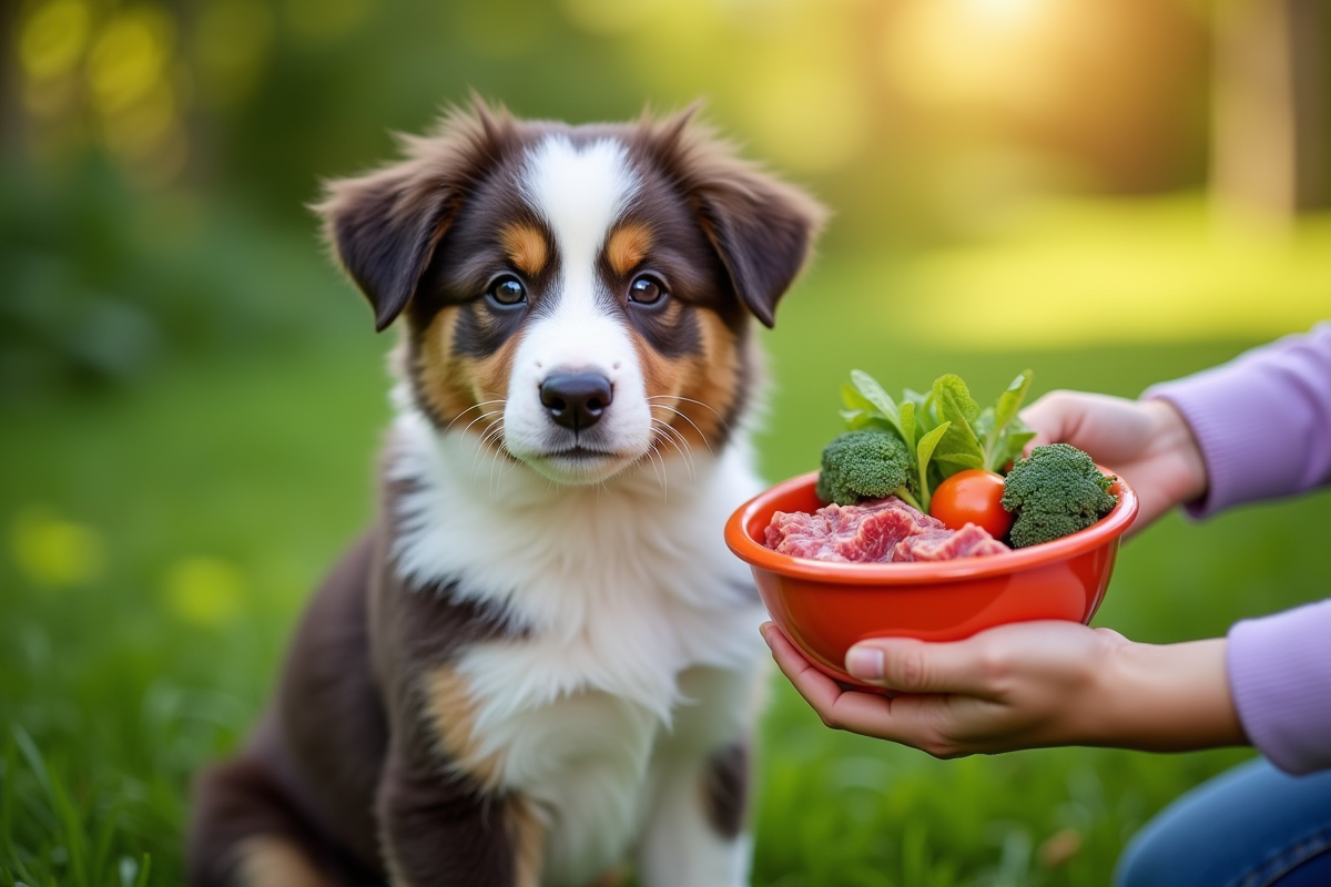 Chiot Australian Shepherd patient recevant de la viande et légumes frais