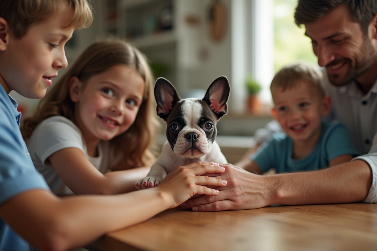 Chiot bouledogue français tenu par des enfants autour d une table