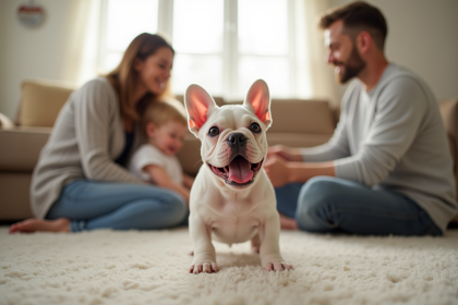 Chiot bouledogue français avec un enfant dans un salon lumineux