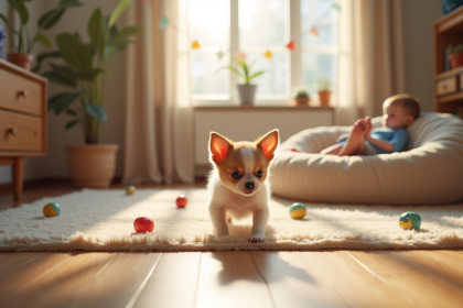 Petit chiot chihuahua curieux dans un salon ensoleille
