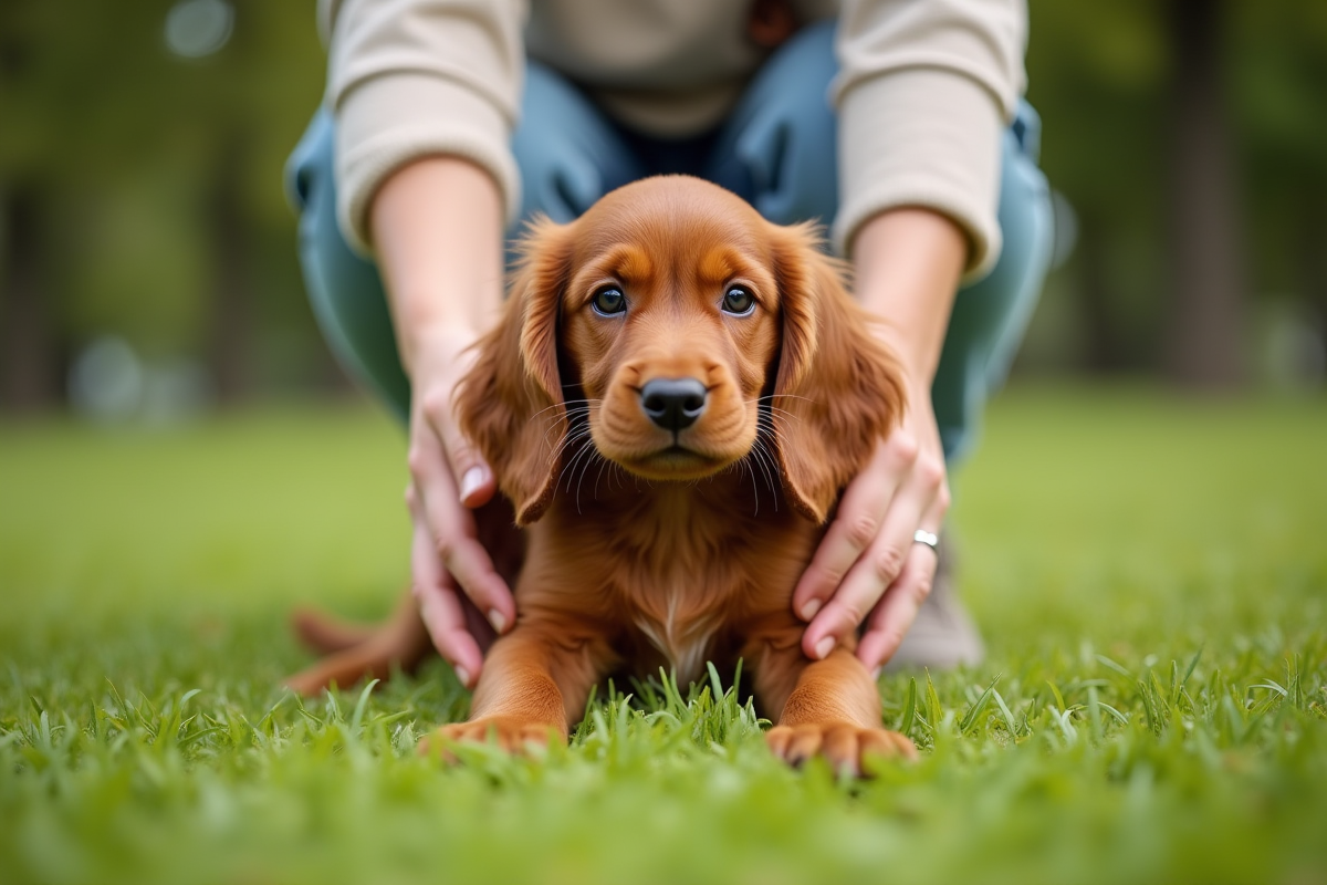 Jeune chiot cocker spaniel dans un parc en plein jour