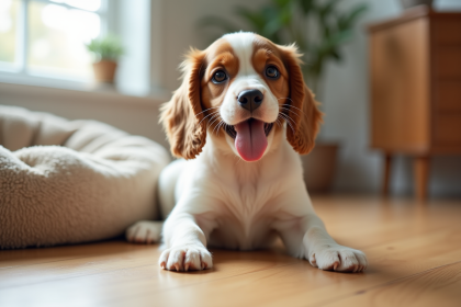 Chiot cocker spaniel assis sur le sol en bois naturel