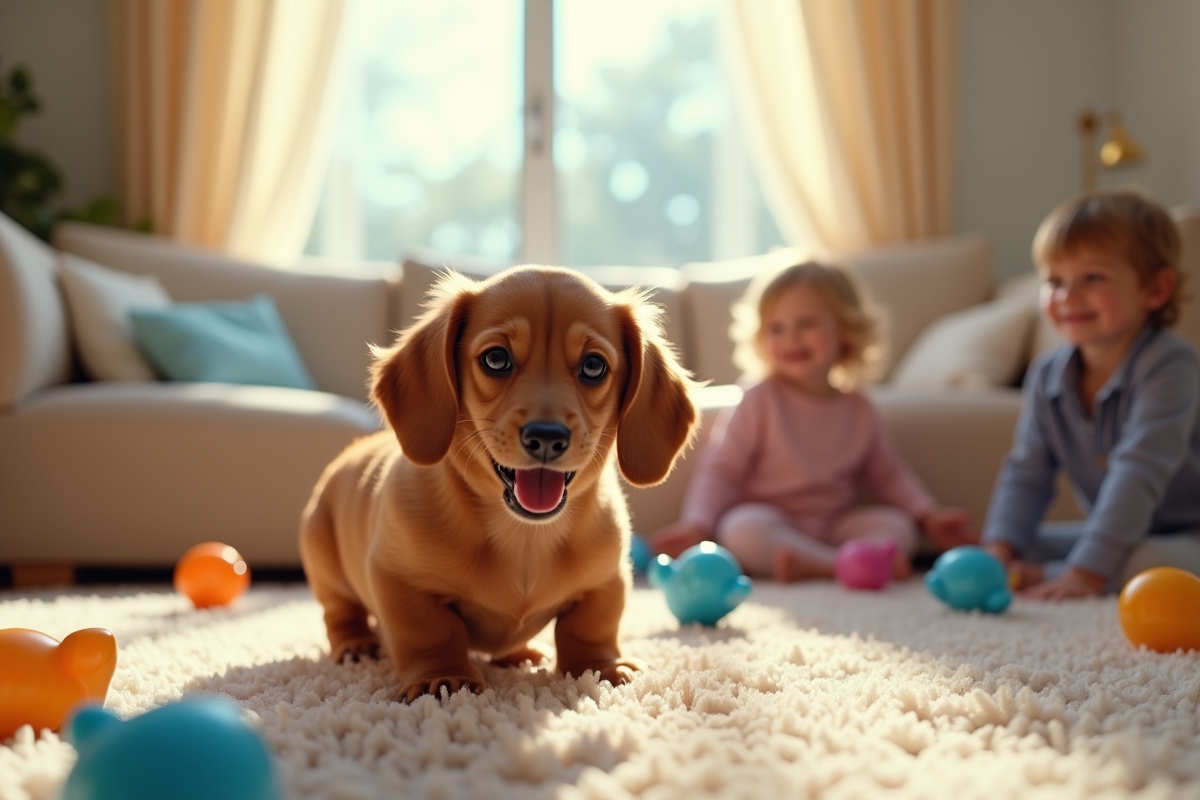 Chiot dachshund jouant avec des enfants dans un salon lumineux