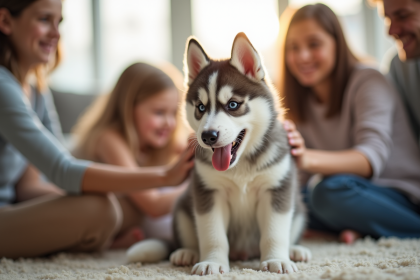 Chiot husky jouant en famille dans un salon lumineux