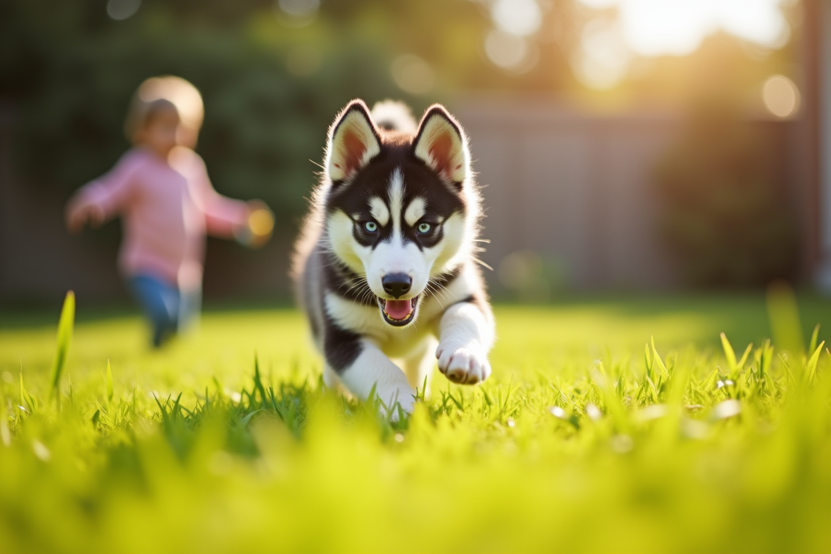 Chiot husky explorant un jardin ensoleille avec un enfant